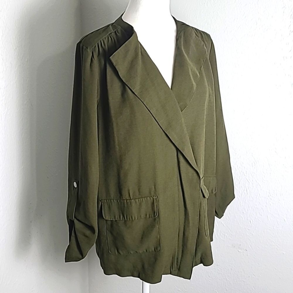 Nine West Army Green Utility Jacket with Pockets & Fold-over Collar, Size Medium